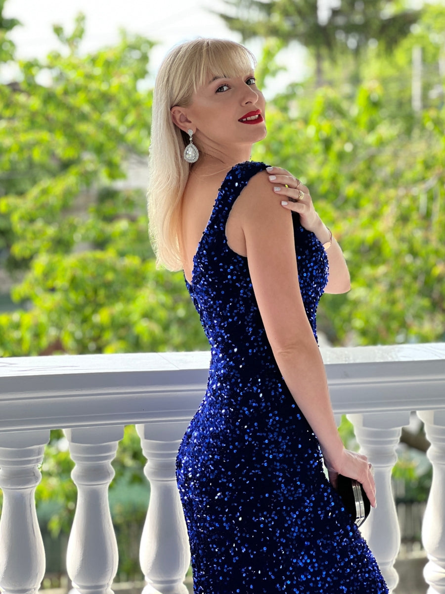 Velvet Sequin Slit V Neck Mermaid Prom Dresses