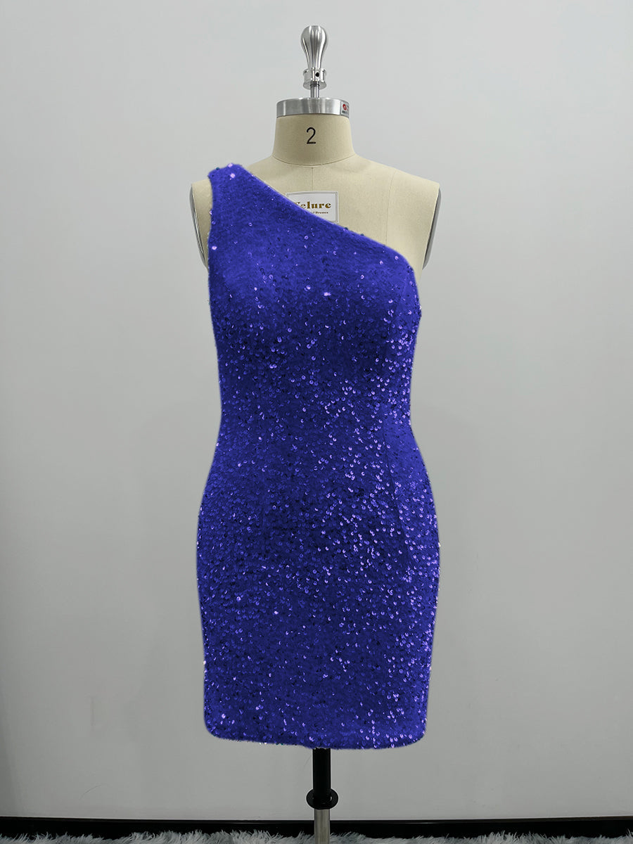 Shiny One Shoulder Velvet Sequin Sheath Homecoming Dresses