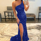 Sheath One Shoulder Long Velvet Sequin Prom Dress