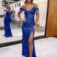 Sheath Cold Shoulder Sleeveless Long Floor Length Velvet Sequin Prom Dress