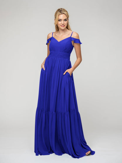 Pleats Bodice Chiffon Cold Shoulder Tie Back Bridesmaid Dresses
