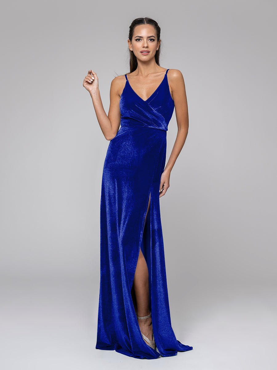 V Neck Velvet Sheath Bridal Party Dresses With Slit