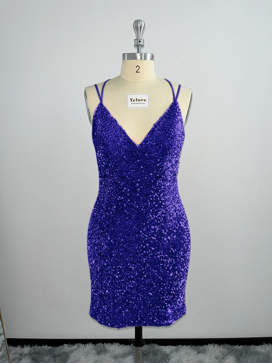 Velvet Sequin V Neck Tight Homecoming Dresses With Criss Corss Back