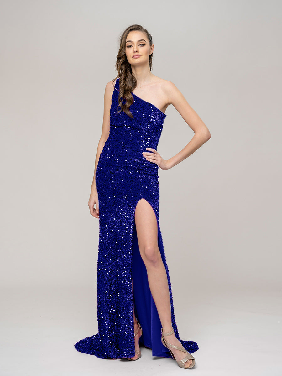 Side Split Sequin One Shoulder Fitted Long Prom Dresses