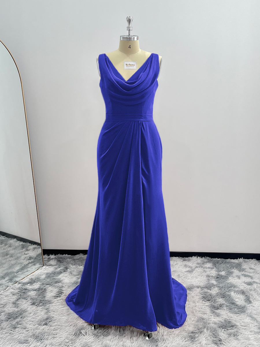 Sheath Cowl Neck Sleeveless Chiffon Bridesmaid Dresses With Slit and Ruffles