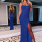 Sheath Spaghetti Straps Sleeveless Long Velvet Sequin Prom Dress
