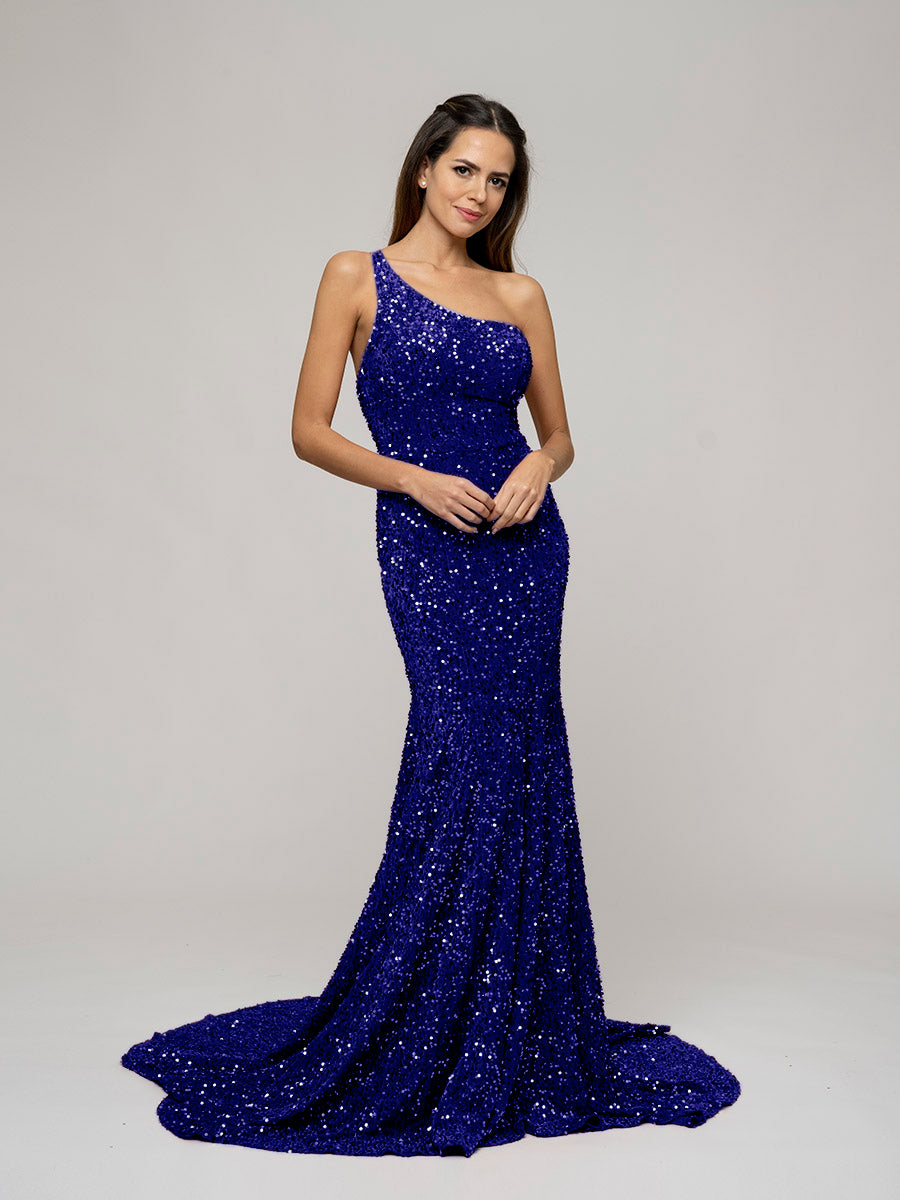 Straps Back One Shoulder Sequin Fitted Prom Dresses