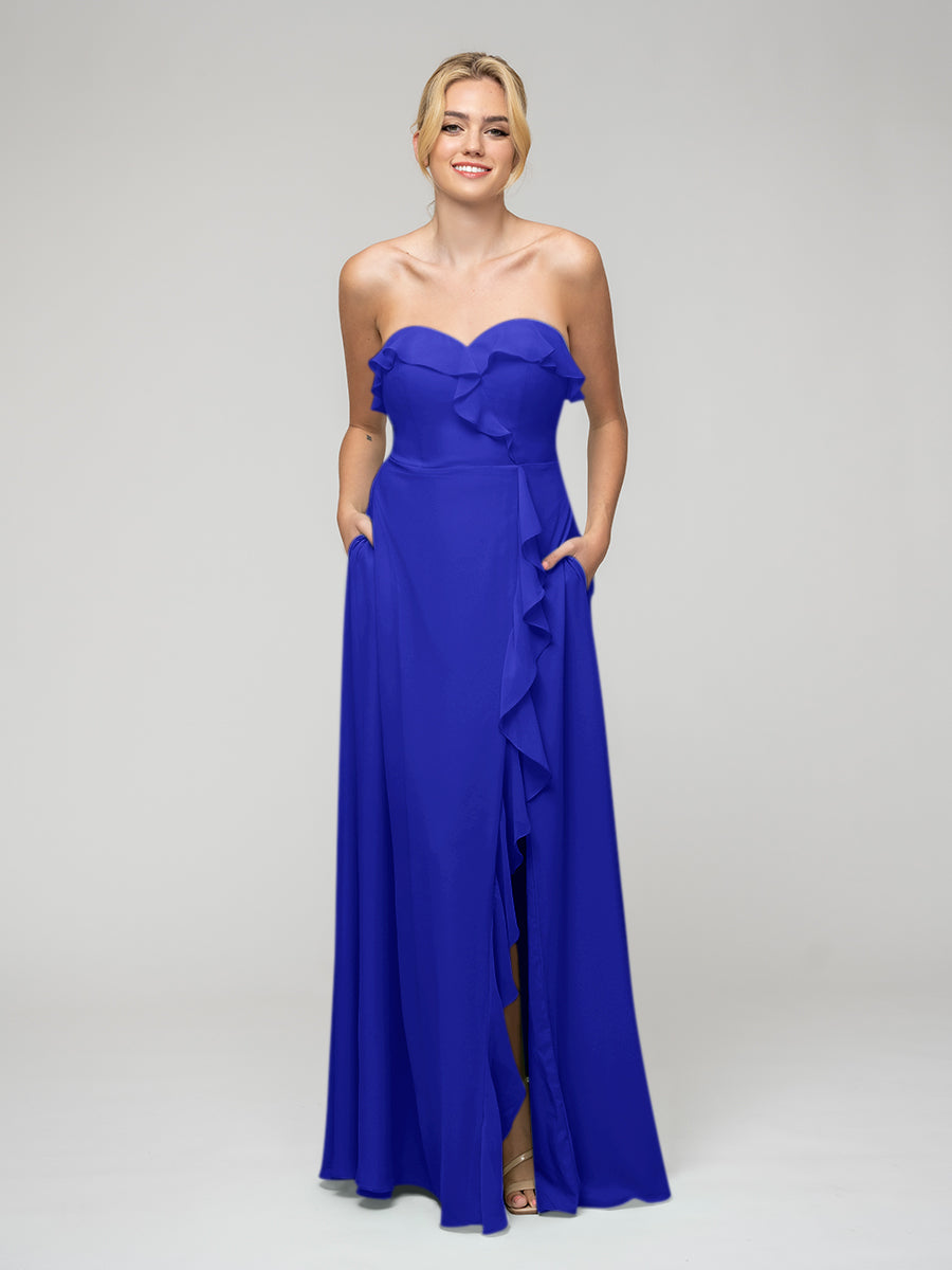 A Line Chiffon Strapless Bridesmaid Dresses With Ruffles