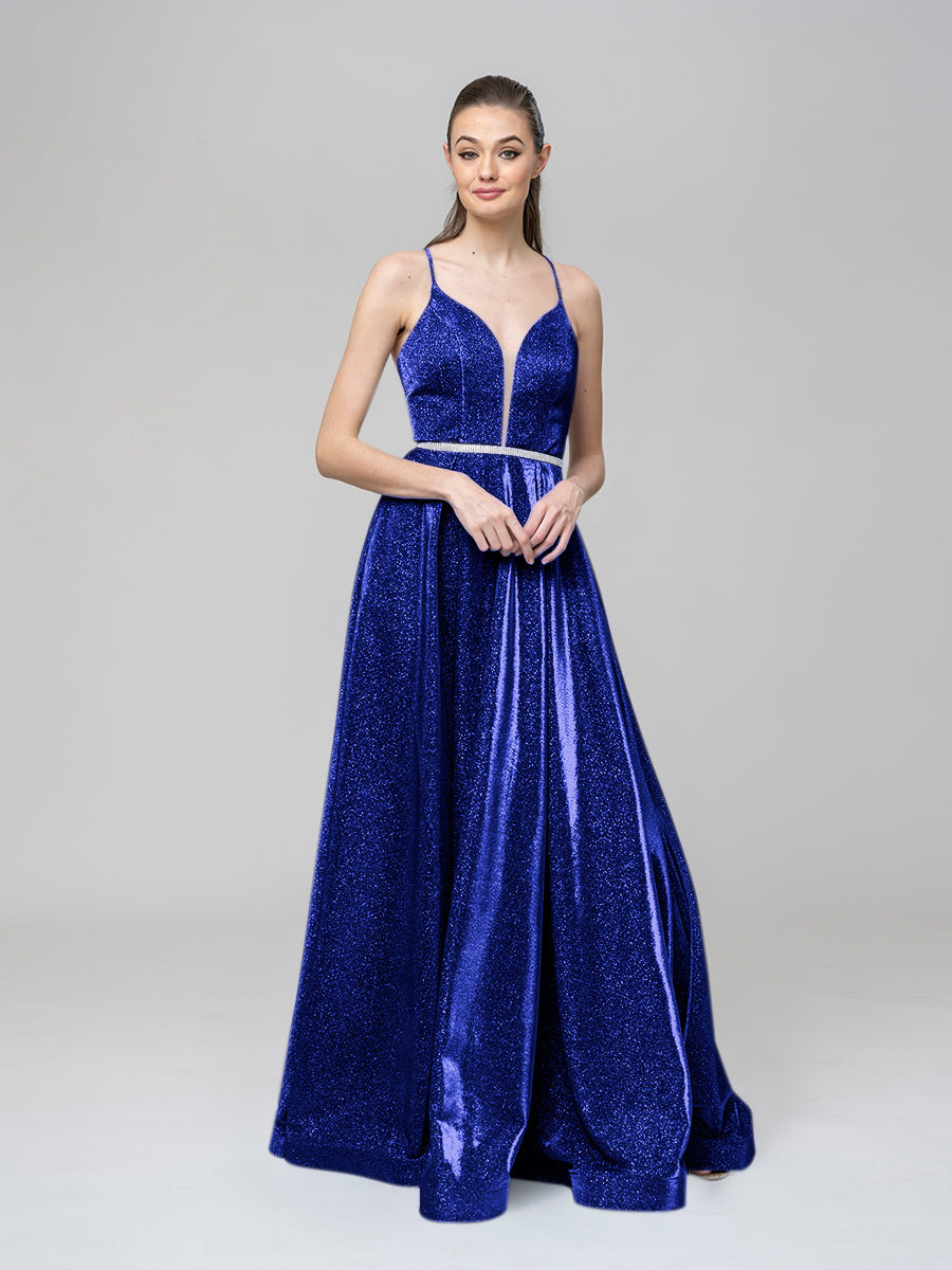 A Line Metallic Glitter Formal Party Prom Dresses With Beaded Waist