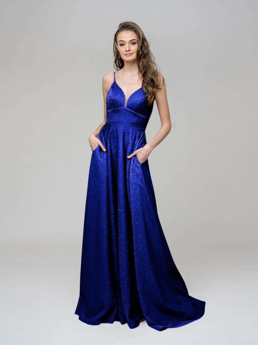 Metallic Glitter V Neck A Line Prom Dresses With Pockets