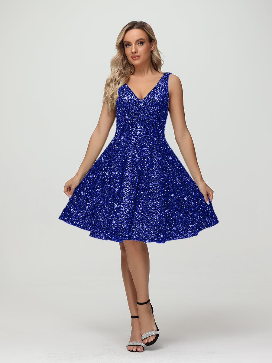 Straps V Neck Velvet Sequin A Line Homecoming Dresses
