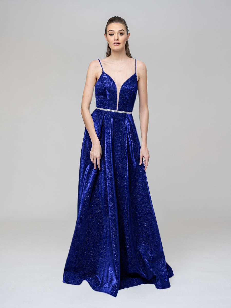 Plunging V Neck Criss Cross Back A Line Prom Dresses