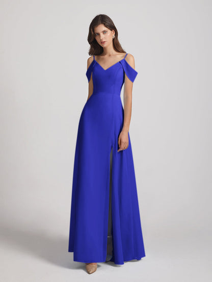 Chiffon Cold Shoulder V Neck Bridesmaid Dresses With Slit