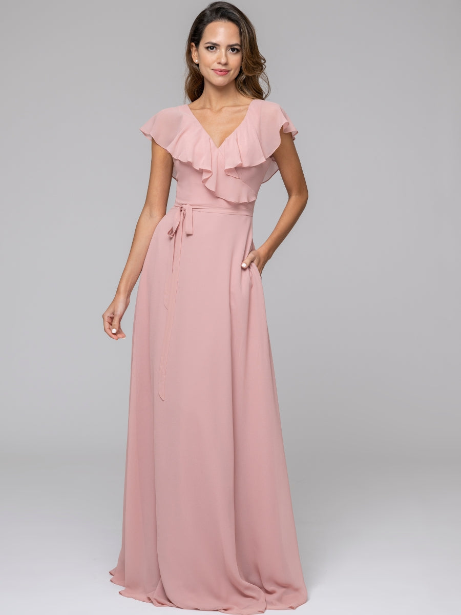 Ruffle Sleeve V Neck Belt Bridesmaid Dresses For Wedding