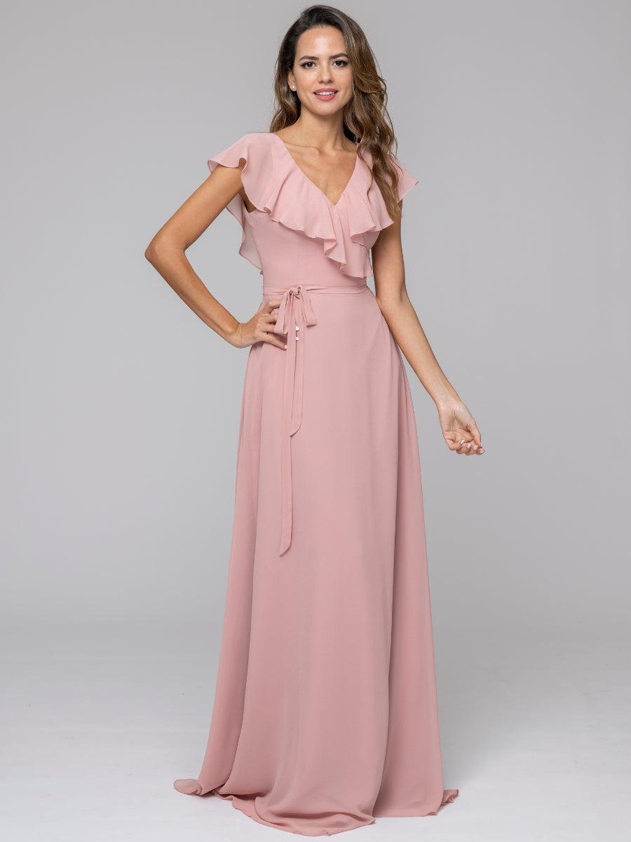 Ruffle Sleeve V Neck Belt Bridesmaid Dresses For Wedding