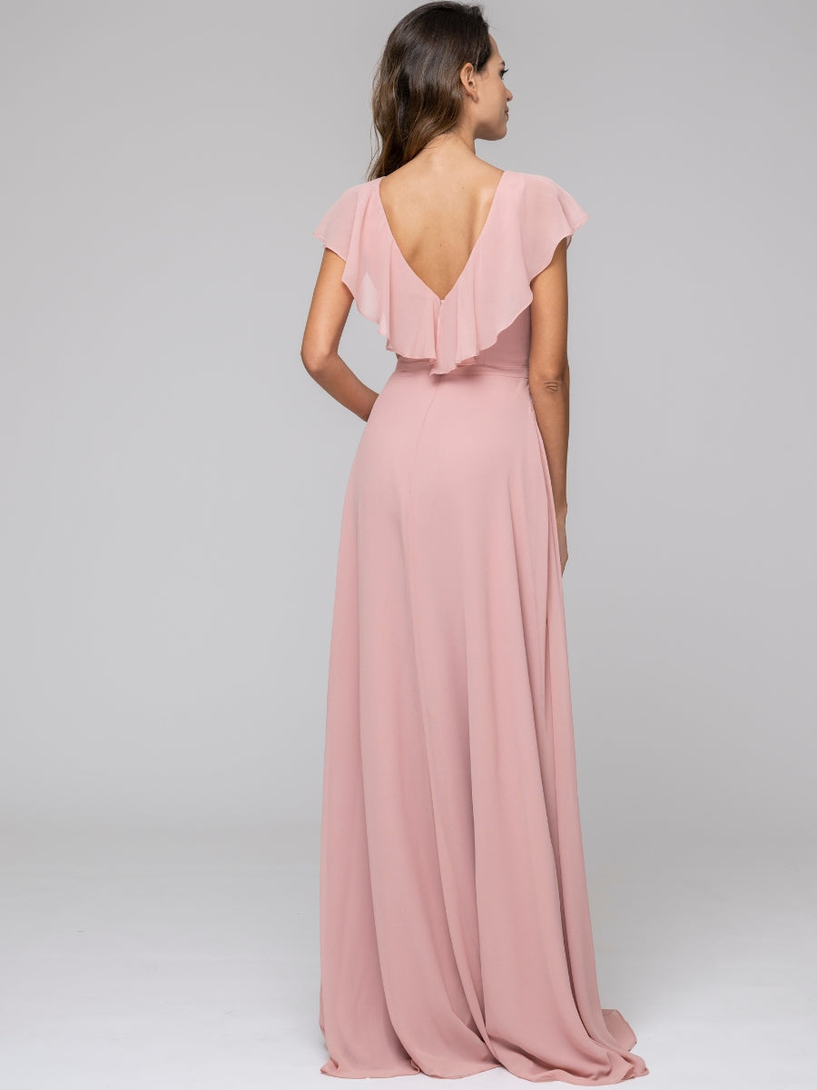 Ruffle Sleeve V Neck Belt Bridesmaid Dresses For Wedding