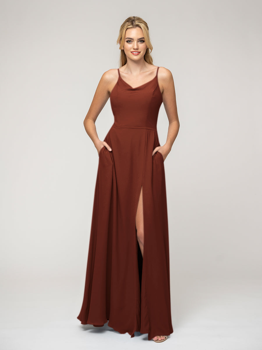 Cowl Neckline Chiffon Spaghetti Straps Bridesmaid Dresses