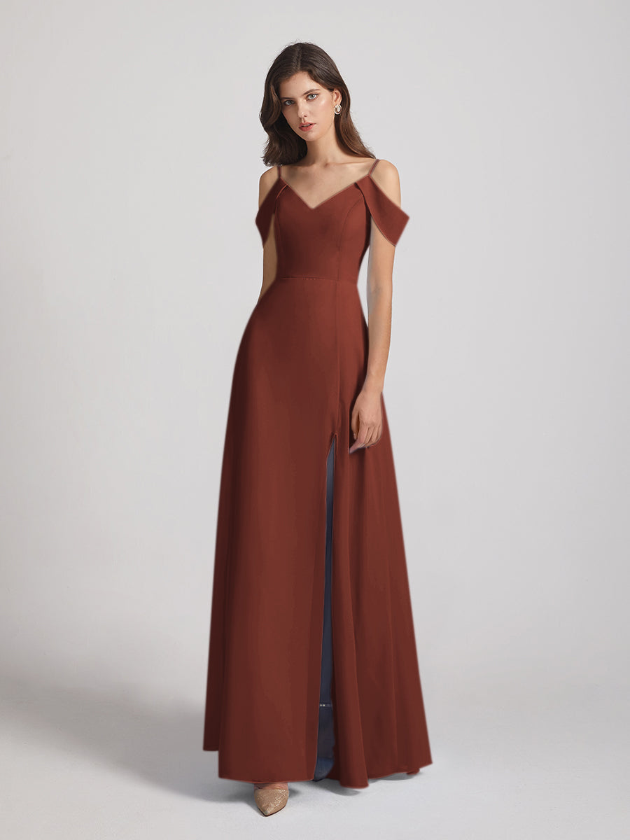 Chiffon Cold Shoulder V Neck Bridesmaid Dresses With Slit