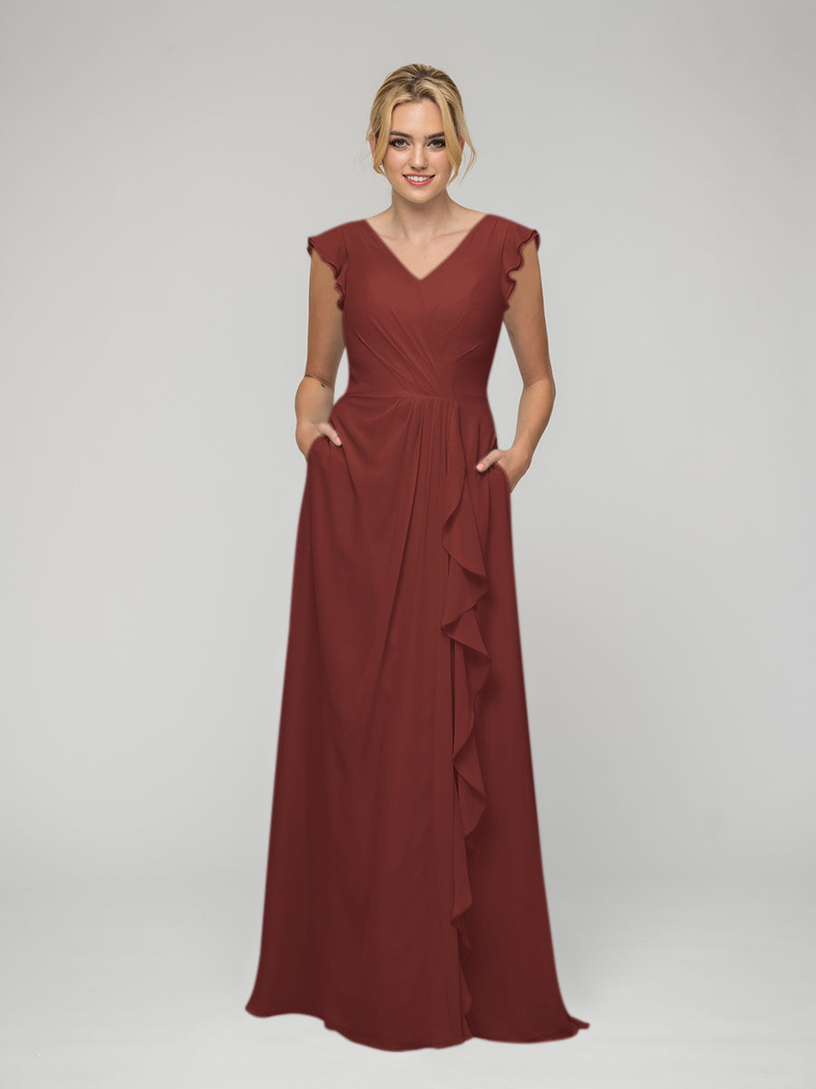 V Neck Chiffon Cap Sleeves Long Bridesmaid Dresses