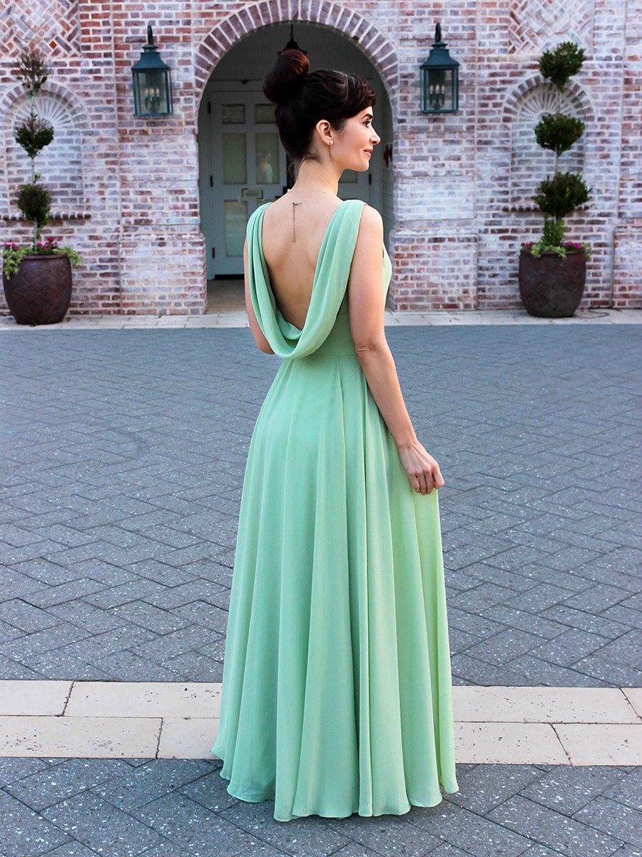 Cowl Neck Chiffon A Line Bridesmaid Dresses With Draped Back