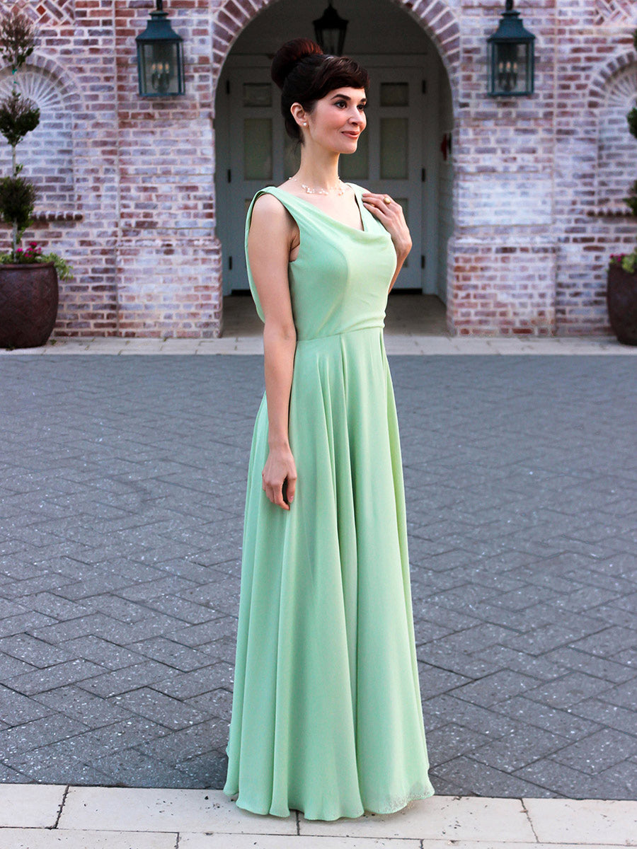 Cowl Neck Chiffon A Line Bridesmaid Dresses With Draped Back