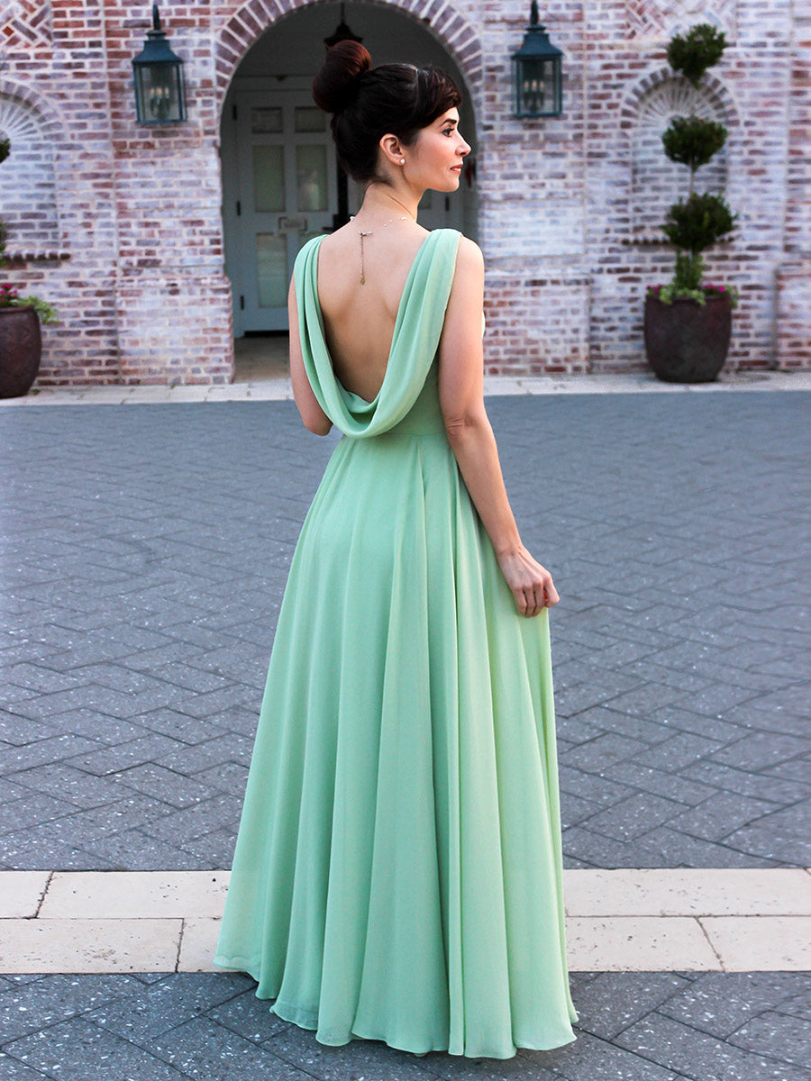 Cowl Neck Chiffon A Line Bridesmaid Dresses With Draped Back