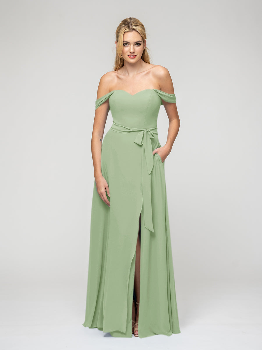 Slit A Line Chiffon Off The Shoulder Bridesmaid Dresses