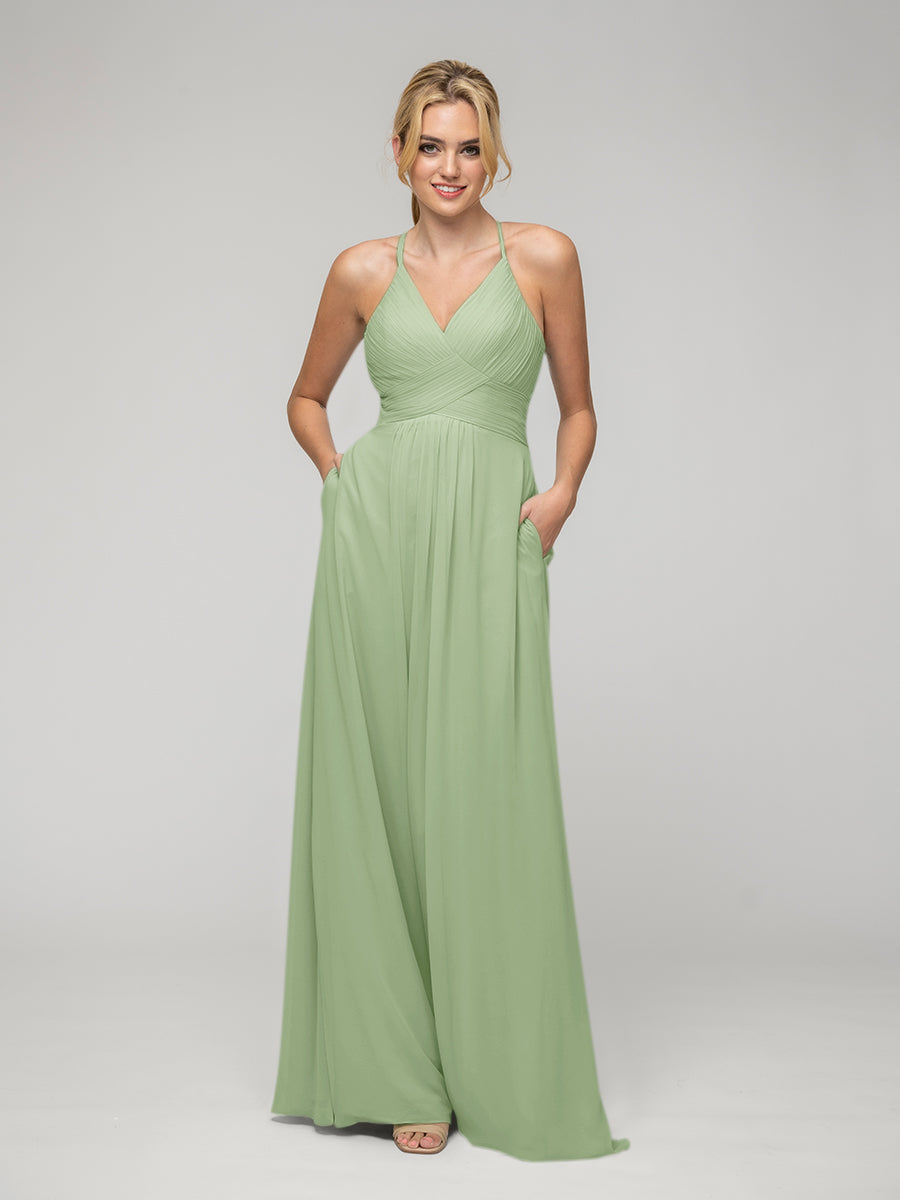 Chiffon Sweetheart Pocket Bridesmaid Dresses With Crisscross Back