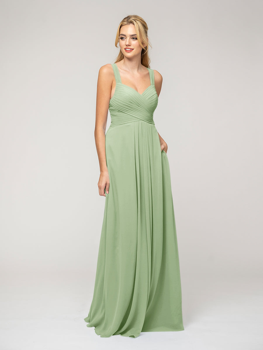 A Line Sweetheart Neckline Chiffon Straps Bridesmaid Dresses With Ribbon