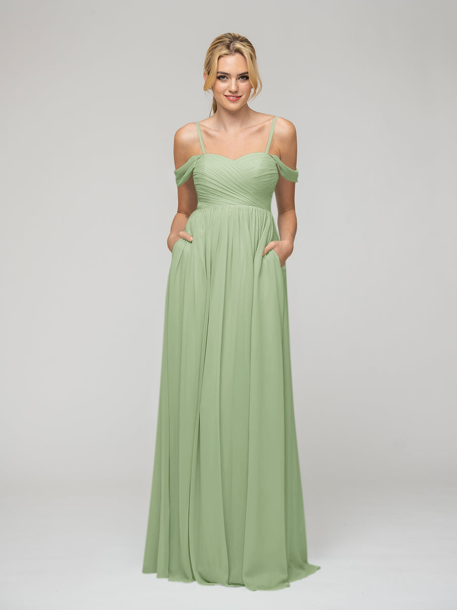 Cold Shoulder Chiffon Bridesmaid Dresses With Draped Bodice