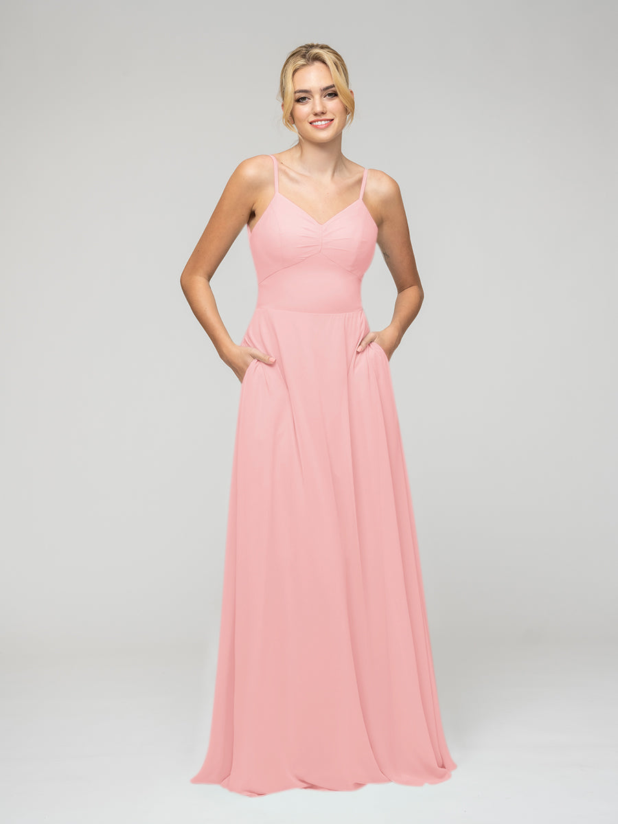 Spaghetti Strap Tie Back Long Chiffon Bridesmaid Dresses