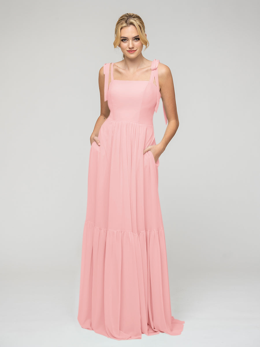 Tied Strap Tiered Smock Open Back Chiffon Bridesmaid Dresses