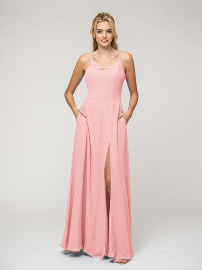 A Line Cowl Neckline Chiffon Spaghetti Straps Bridesmaid Dresses