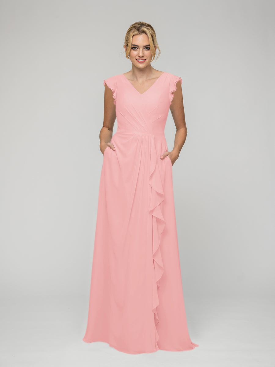 V Neck Chiffon Cap Sleeves Long Bridesmaid Dresses