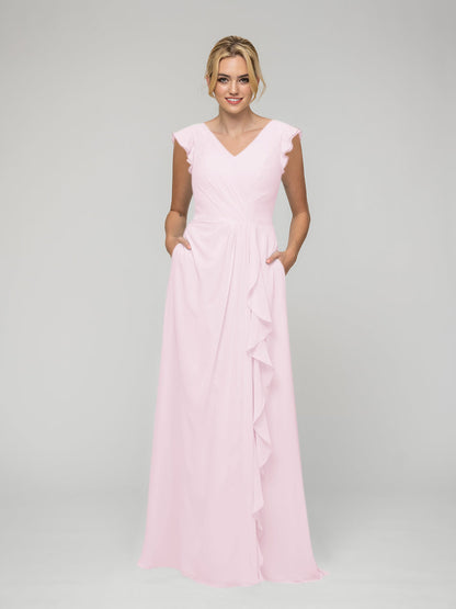 V Neck Chiffon Cap Sleeves Long Bridesmaid Dresses