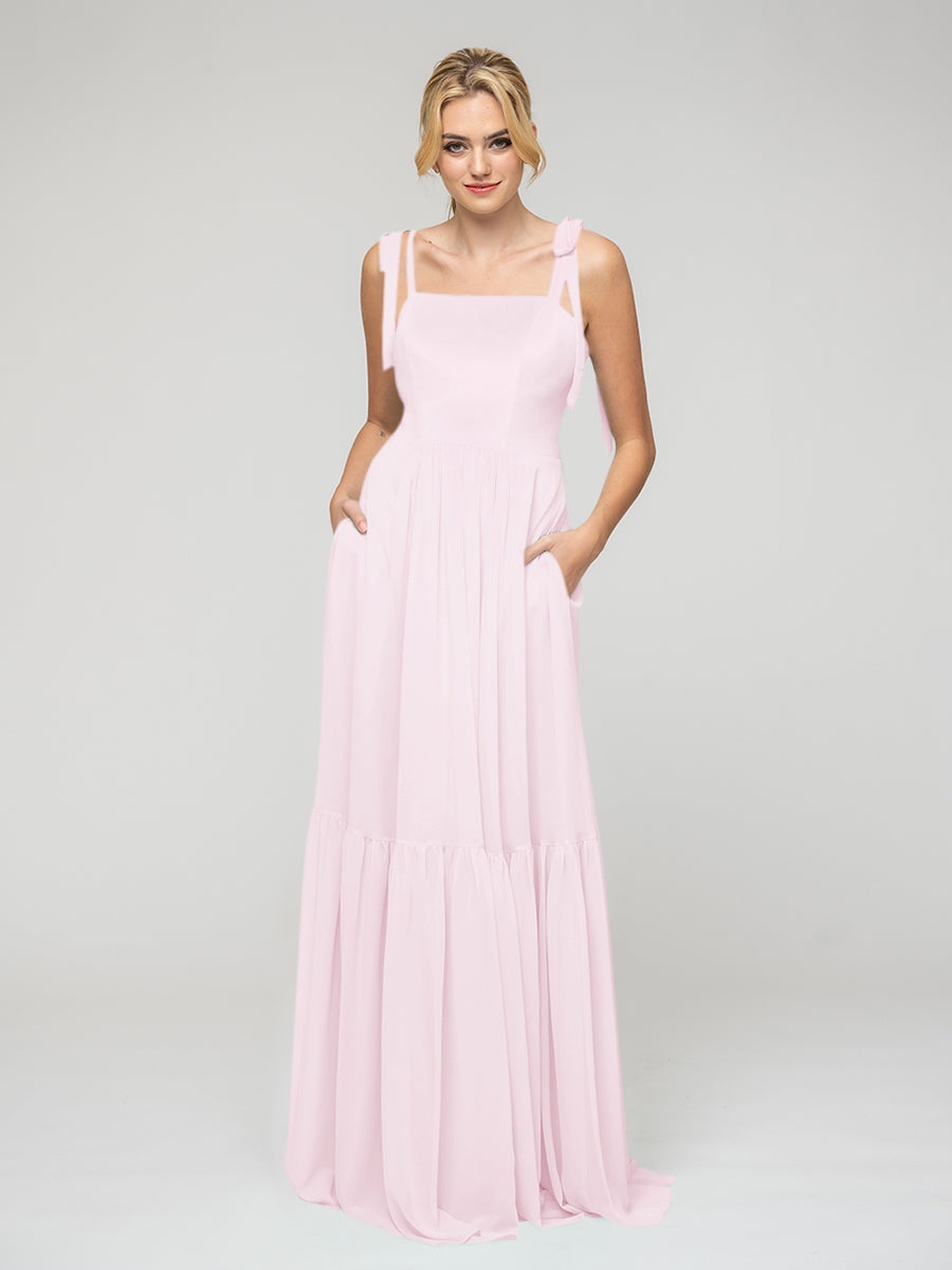 Tied Strap Tiered Smock Open Back Chiffon Bridesmaid Dresses