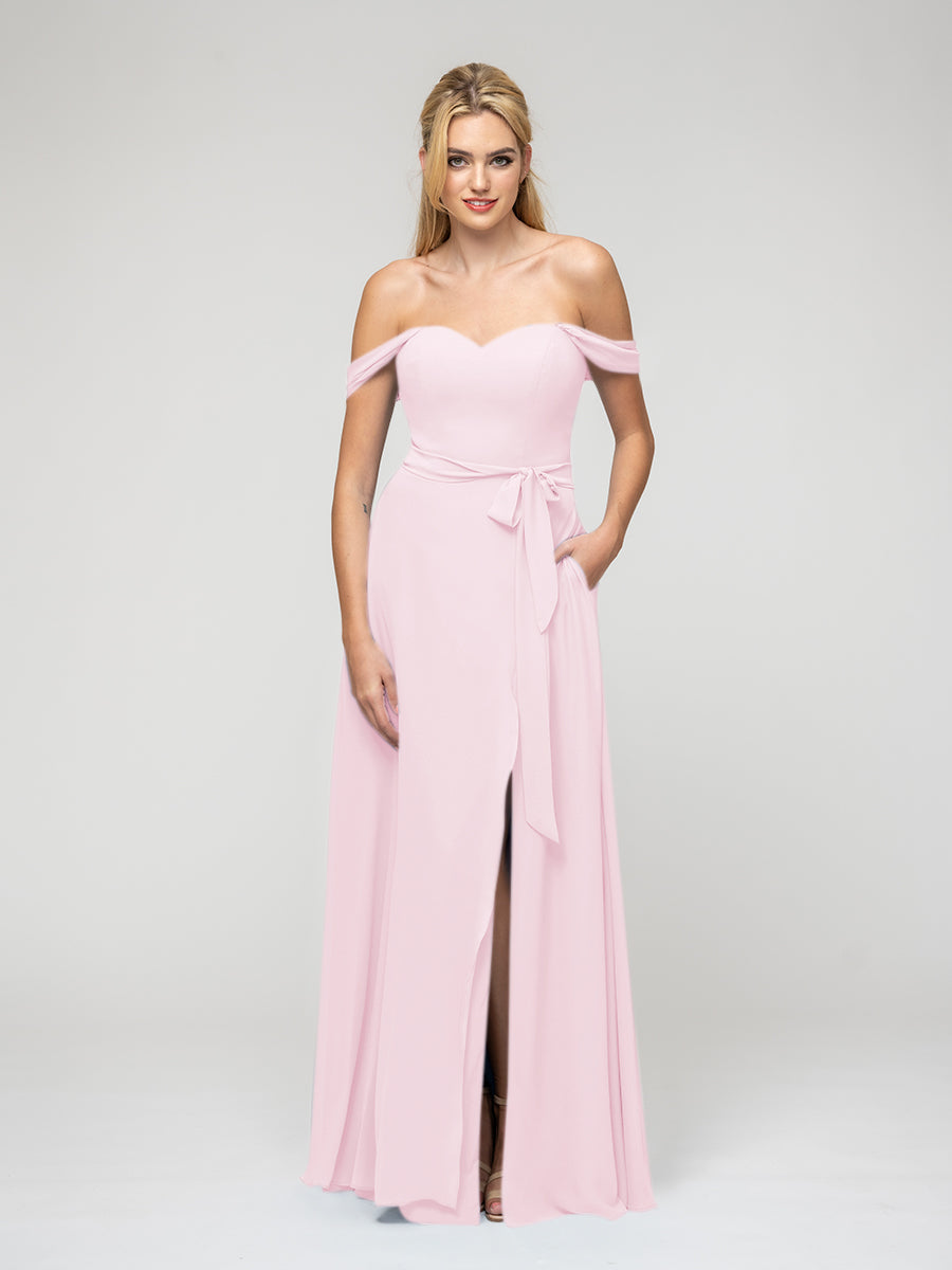 Slit A Line Chiffon Off The Shoulder Bridesmaid Dresses