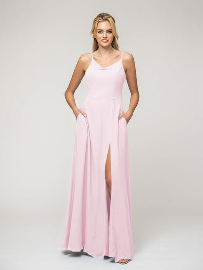A Line Cowl Neckline Chiffon Spaghetti Straps Bridesmaid Dresses