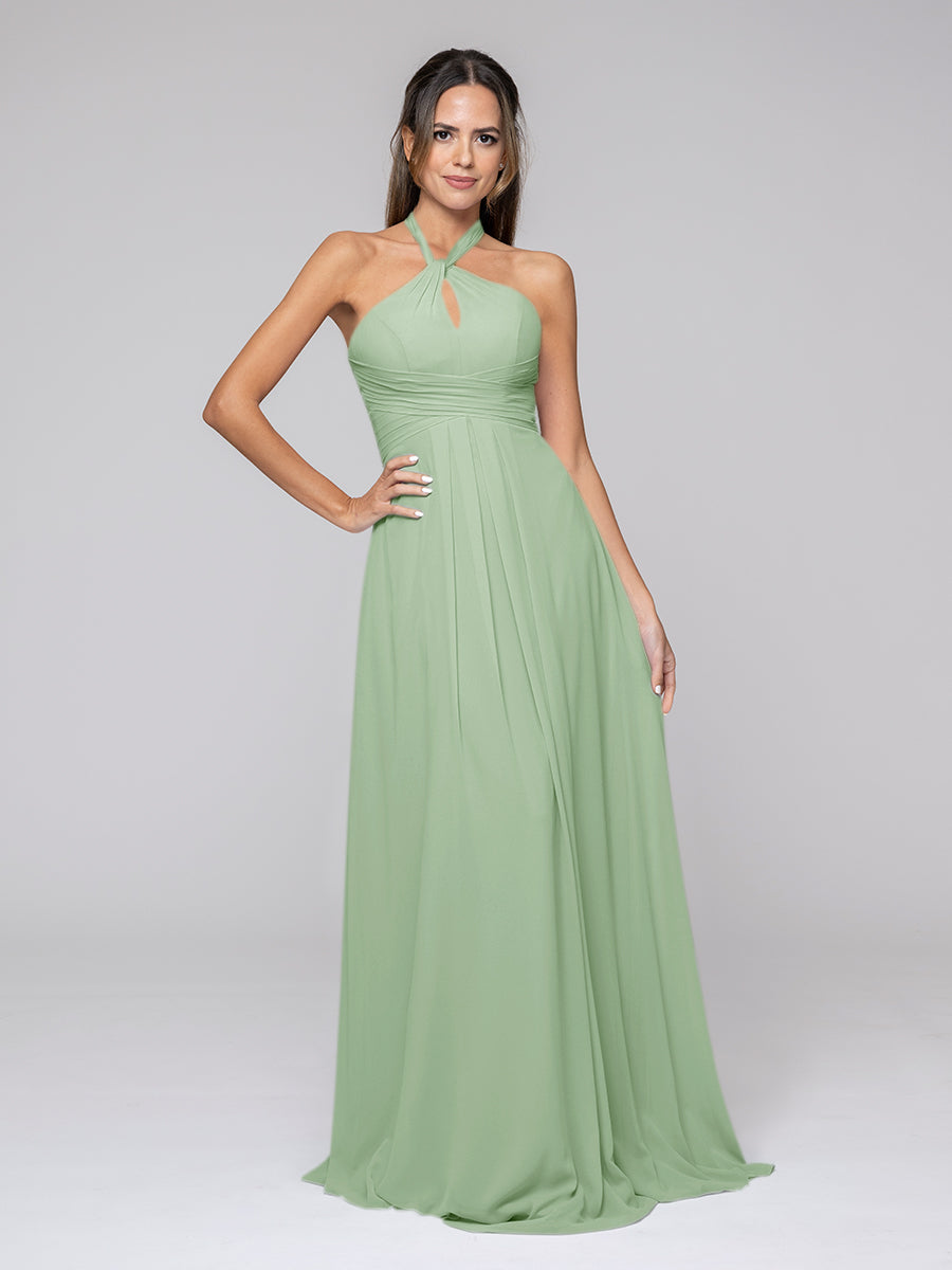 Tie-neck Halter Sleeveless Wedding Bridesmaid Dresses With Ruched Waist