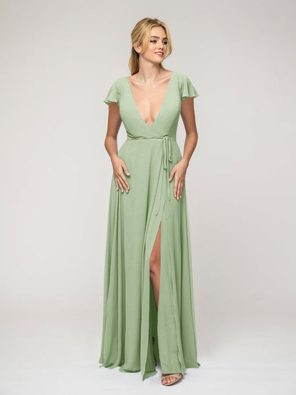 Ruffle Sleeve V Neck Slit Bridesmaid Dresses For Wedding