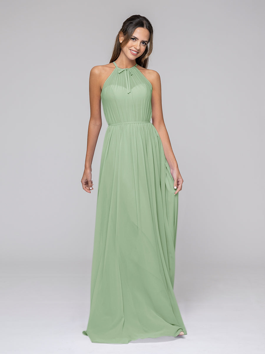 Long Chiffon Halter Bridal Party Dresses With Pleated Bodice