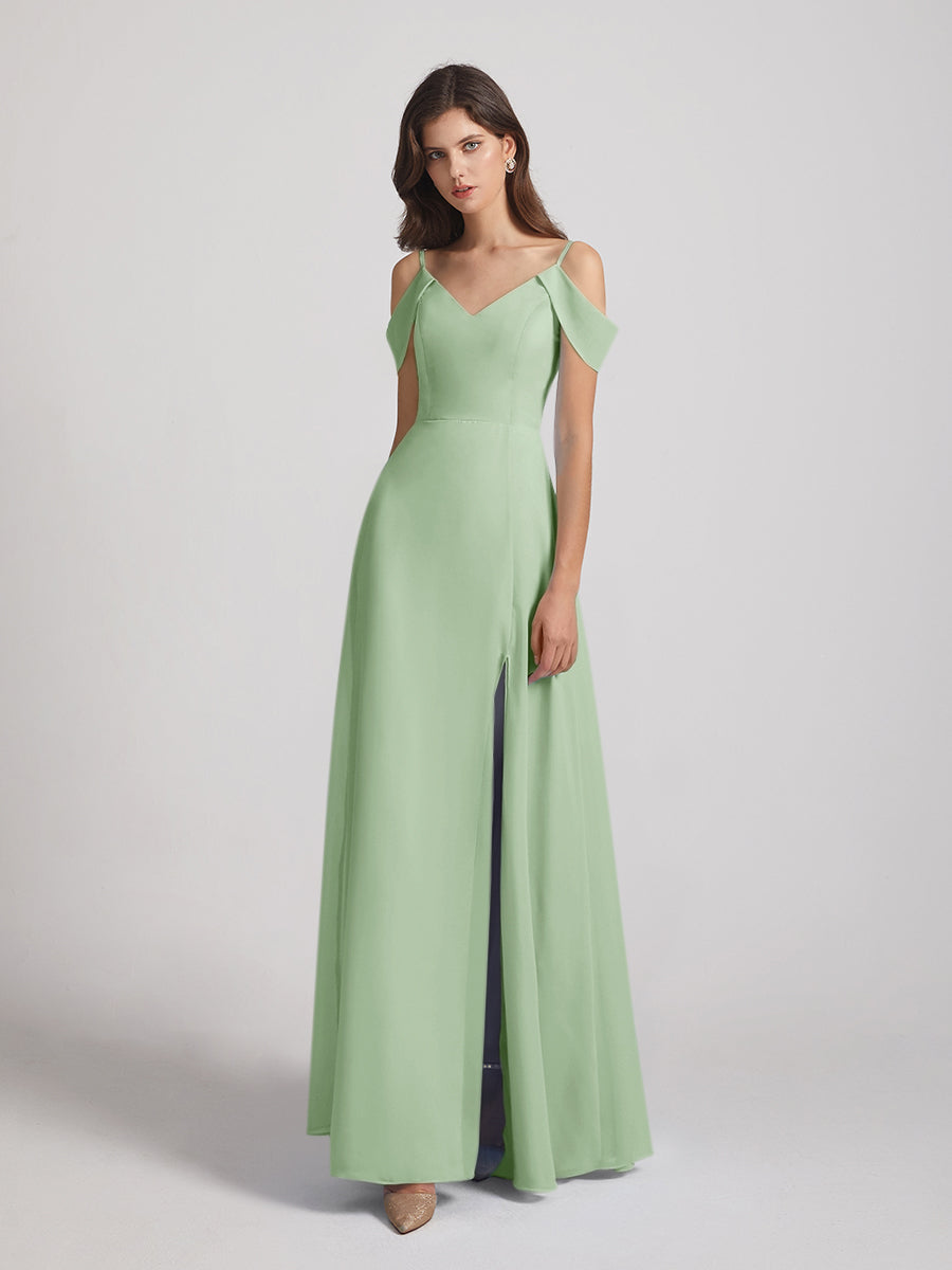 Chiffon Cold Shoulder V Neck Bridesmaid Dresses With Slit