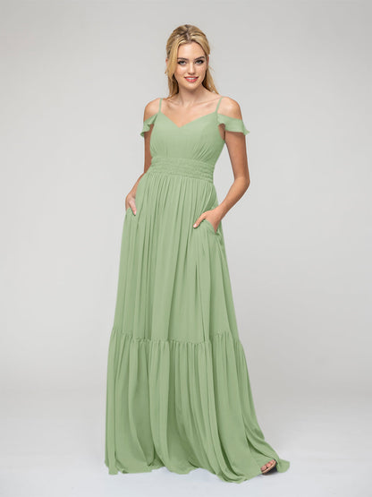 Pleats Bodice Chiffon Cold Shoulder Tie Back Bridesmaid Dresses