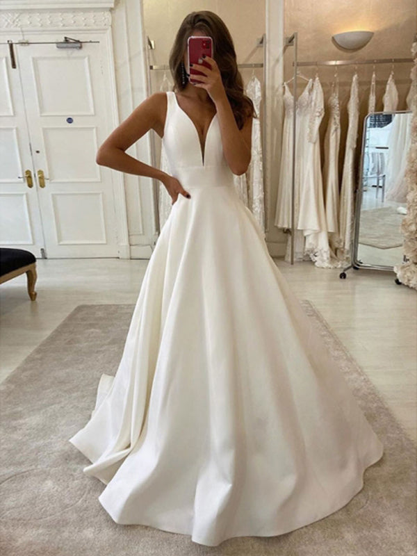 Elegant Straps V Neck Satin A Line Wedding Dresses