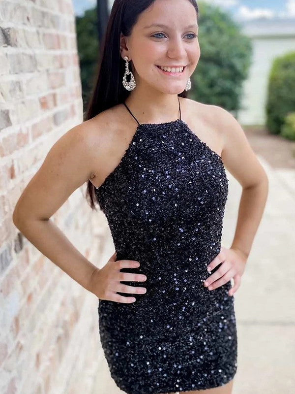 Sexy Fitted Halter Sleeveless Short Velvet Sequin Prom Dress