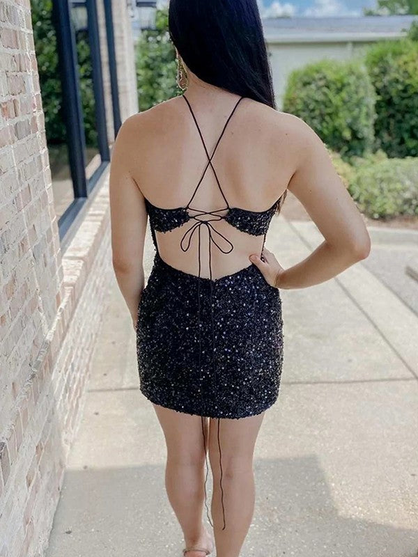 Sexy Fitted Halter Sleeveless Short Velvet Sequin Prom Dress