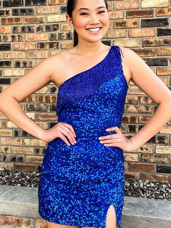 Sexy Fitted One Shoulder Sleeveless Short Velvet Sequin Prom Dress