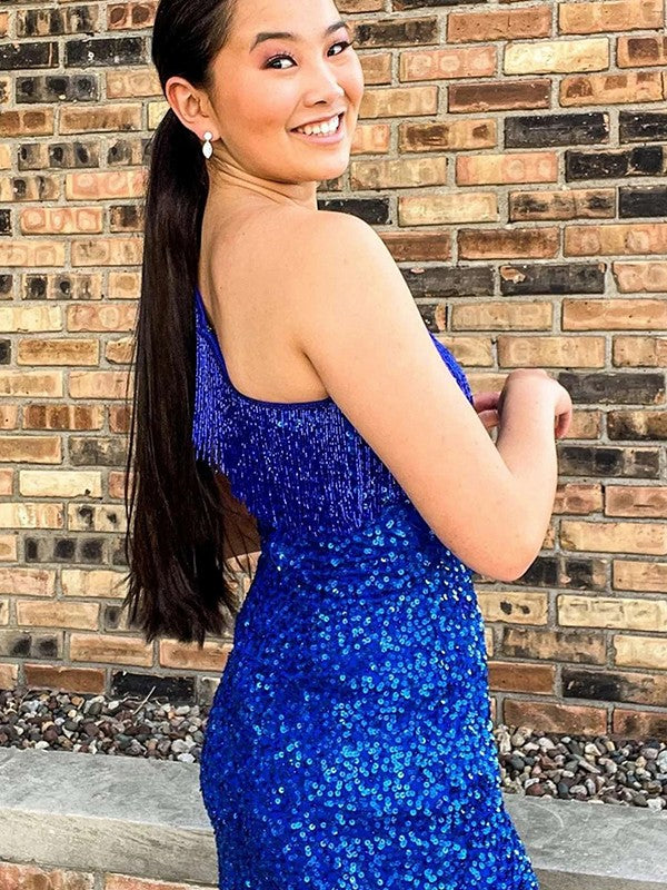 Sexy Fitted One Shoulder Sleeveless Short Velvet Sequin Prom Dress