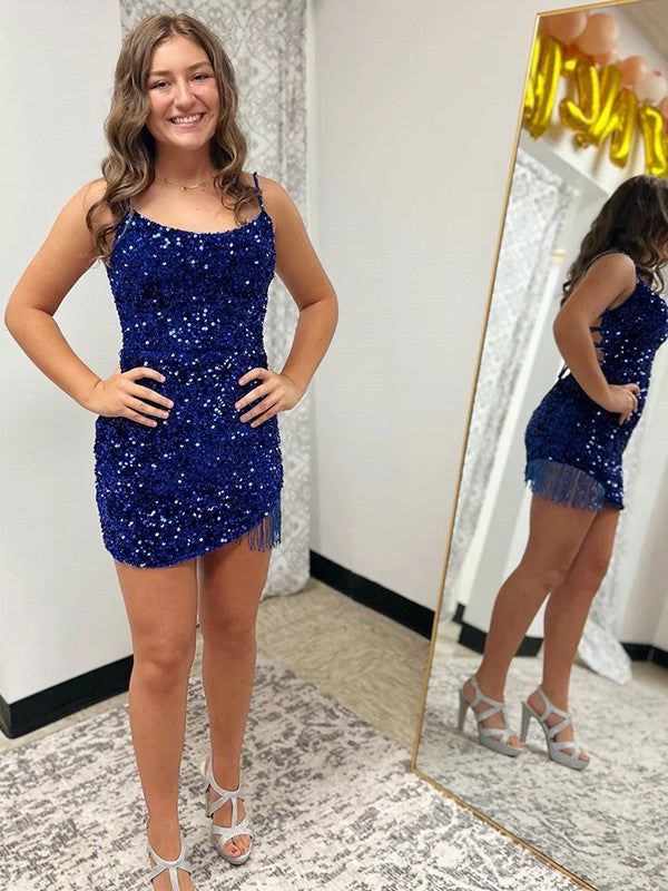 Sexy Fitted Spaghetti Straps Sleeveless Short Velvet Sequin Prom Dress