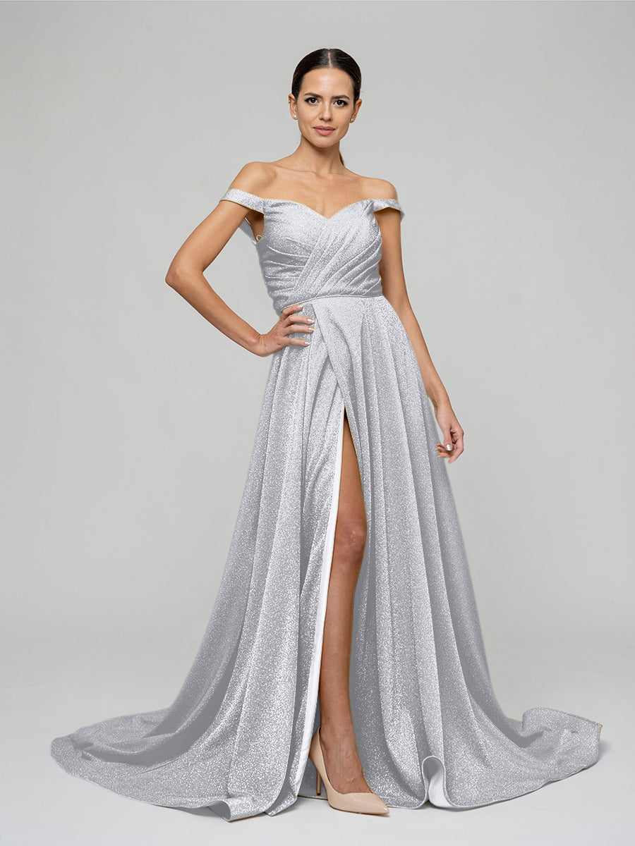 Off The Shoulder A Line Prom Dresses With Front Slit